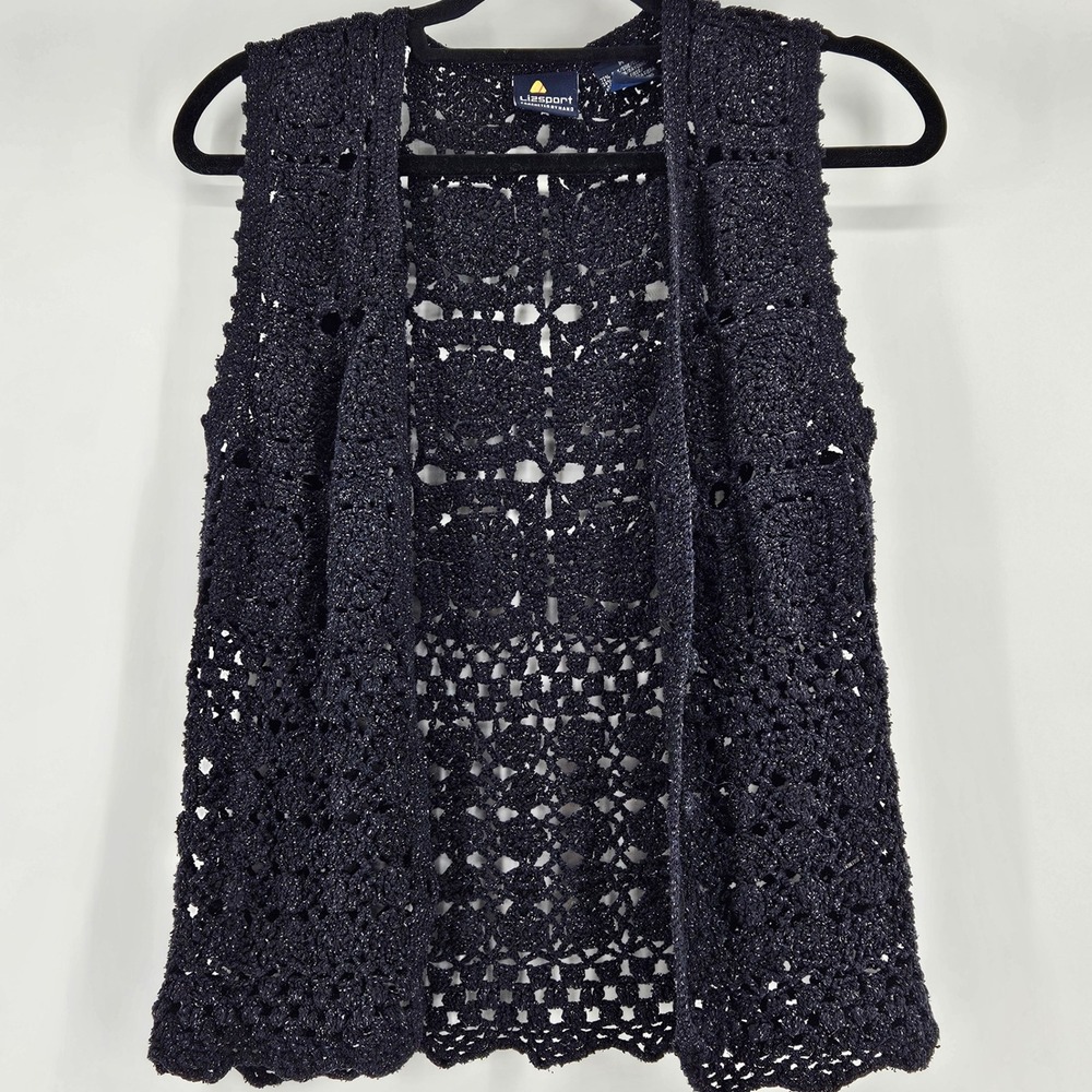 Vintage Womens Crochet Vest Sparkle Metallic Med Boho Hippie Whimsigoth Cottage